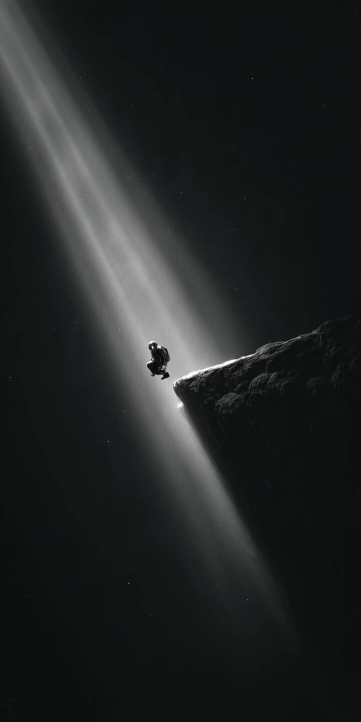 A lone astronaut drifts beyond a dark rocky ledge, illuminated by a mysterious beam of cosmic light. | astronaut sci fi monochrome deep space cosmic light A lone astronaut drifts beyond a dark rocky ledge, illuminated by a mysterious beam of cosmic light.