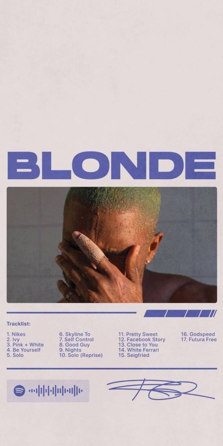 Frank Ocean's iconic 'Blonde' album cover, featuring his face partially covered and striking green-dyed hair, is a must-have 4K wallpaper for any iPhone. This unique wallpaper includes the full tracklist and artist's signature for fans to enjoy. | artist Frank Ocean's iconic 'Blonde' album cover, featuring his face partially covered and striking green-dyed hair, is a must-have 4K wallpaper for any iPhone. This unique wallpaper includes the full tracklist and artist's signature for fans to enjoy.