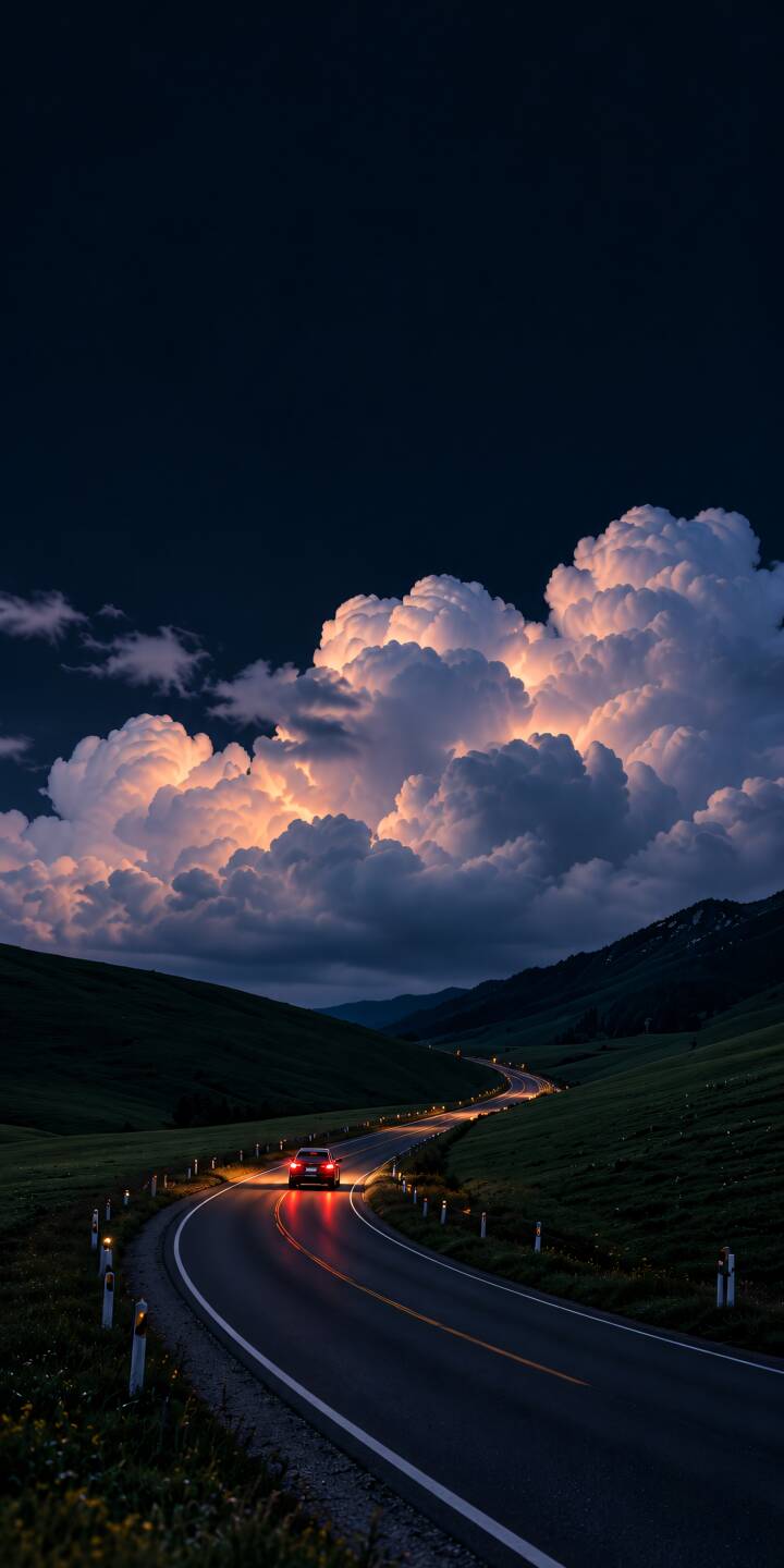 A winding mountain road disappears beneath towering clouds, lit by the warm glow of distant headlights. | night drive mountain road cinematic storm clouds winding road A winding mountain road disappears beneath towering clouds, lit by the warm glow of distant headlights.