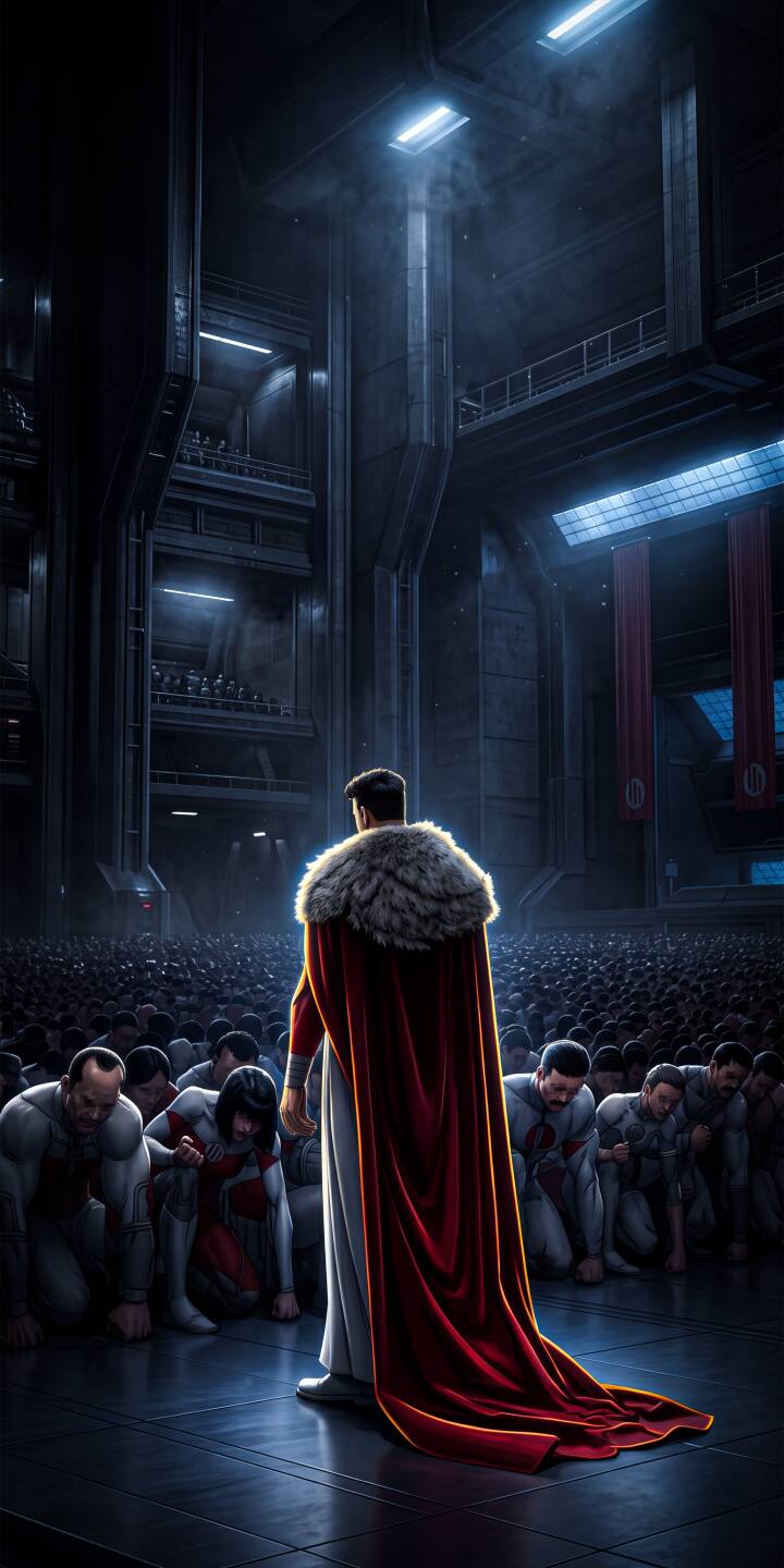 A majestic red cape cascades behind a lone regal figure as a massive crowd kneels in submission in this dramatic 4K wallpaper. The scene's imposing grand hall and cool blue lights make it an excellent iPhone wallpaper. | ruler iphone wallpaper mobile 4k wallpaper hd wallpaper epic sci-fi dystopian grand hall emperor submission A majestic red cape cascades behind a lone regal figure as a massive crowd kneels in submission in this dramatic 4K wallpaper. The scene's imposing grand hall and cool blue lights make it an excellent iPhone wallpaper.