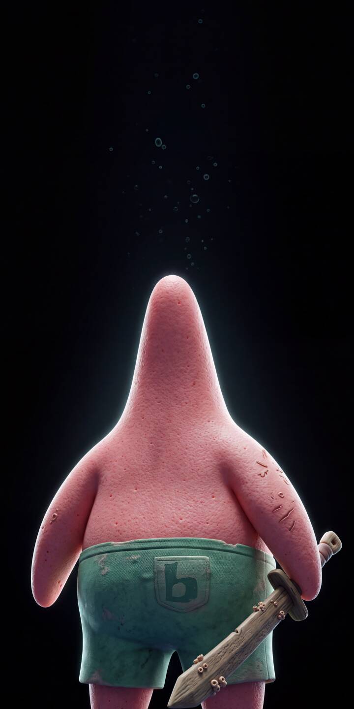 Holding a barnacle-encrusted wooden sword, a hyper-realistic Patrick Star stands against a dark background, with subtle bubbles drifting upwards, making a striking 4K wallpaper that's perfect for any iPhone. | spongebob sword underwater patrick iphone realistic wallpaper patrick star mobile 4k wallpaper hd wallpaper 3d art Holding a barnacle-encrusted wooden sword, a hyper-realistic Patrick Star stands against a dark background, with subtle bubbles drifting upwards, making a striking 4K wallpaper that's perfect for any iPhone.