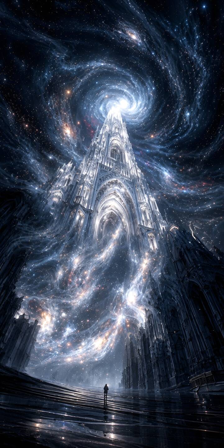 Swirling galaxies and glittering nebulae converge around a majestic, ornate cathedral spire reaching into the cosmos in this breathtaking 4K wallpaper. This stunning celestial scene, with a lone figure gazing up at its base, makes for a captivating iPhone wallpaper. | white space castle 4k stars Swirling galaxies and glittering nebulae converge around a majestic, ornate cathedral spire reaching into the cosmos in this breathtaking 4K wallpaper. This stunning celestial scene, with a lone figure gazing up at its base, makes for a captivating iPhone wallpaper.