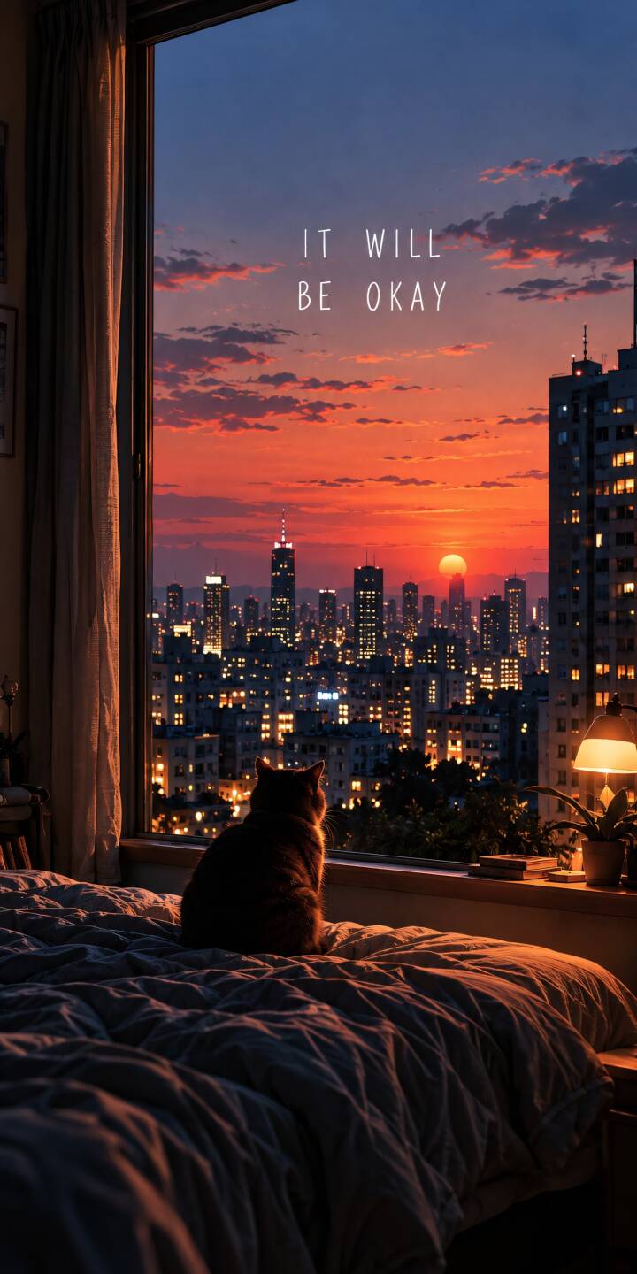 A peaceful cat watches the sunset city from a cozy bedroom window, beneath the comforting words 'It Will Be Okay'. | cat comfort inspirational quote cozy bedroom sunset city A peaceful cat watches the sunset city from a cozy bedroom window, beneath the comforting words 'It Will Be Okay'.