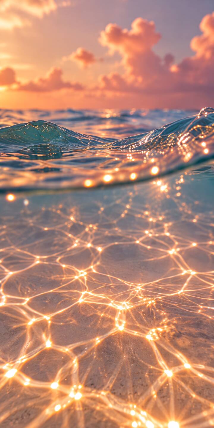 Gentle ocean waves shimmer with golden sunlight beneath a dreamy peach-colored sunset. | sunset beach ocean golden light water ripples Gentle ocean waves shimmer with golden sunlight beneath a dreamy peach-colored sunset.