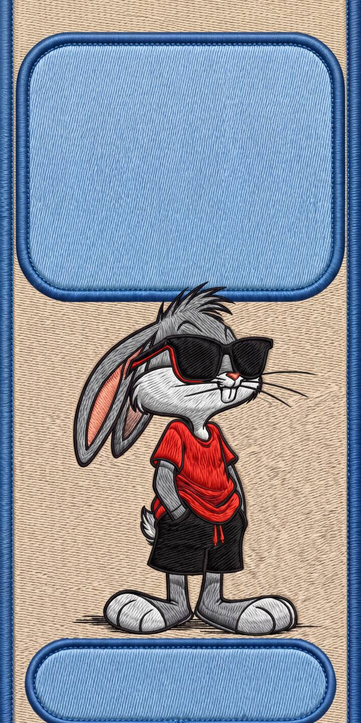 Black sunglasses adorn Bugs Bunny's face as he confidently poses with hands in pockets, sporting a vibrant red t-shirt in this unique embroidered 4K wallpaper - a must-have cool wallpaper for iPhone users. | sunglasses iphone wallpaper cool bugs bunny mobile 4k wallpaper hd wallpaper looney tunes classic cartoon embroidered art Black sunglasses adorn Bugs Bunny's face as he confidently poses with hands in pockets, sporting a vibrant red t-shirt in this unique embroidered 4K wallpaper - a must-have cool wallpaper for iPhone users.