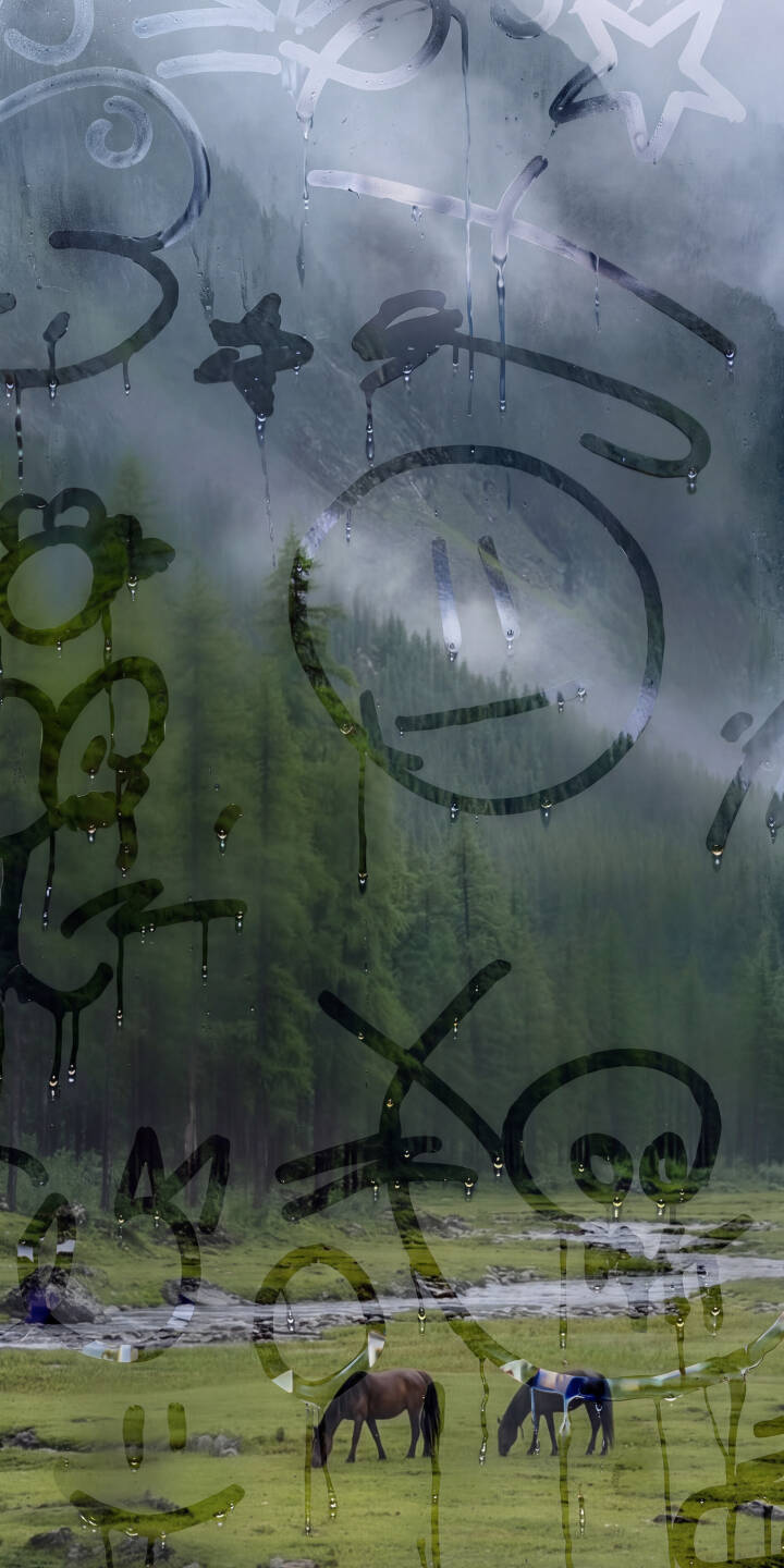 Abstract, hand-drawn symbols and a friendly smiling face appear on a fogged window with visible water droplets, overlooking a misty green forest with two grazing horses in this stunning 4K wallpaper for iPhone. This unique aesthetic wallpaper captures a melancholic yet artistic mood. | foggy iphone wallpaper mobile horses 4k wallpaper hd wallpaper water droplets doodle art graffiti art misty forest window condensation Abstract, hand-drawn symbols and a friendly smiling face appear on a fogged window with visible water droplets, overlooking a misty green forest with two grazing horses in this stunning 4K wallpaper for iPhone. This unique aesthetic wallpaper captures a melancholic yet artistic mood.