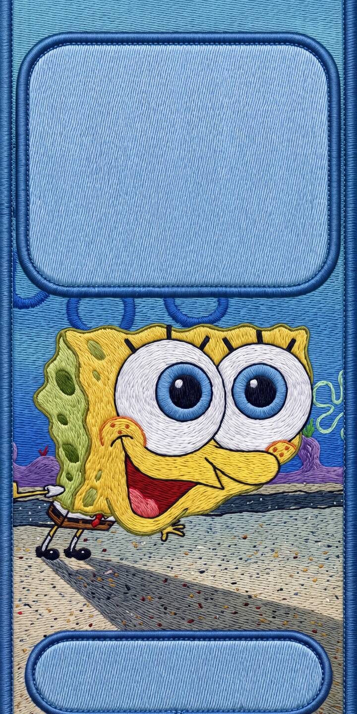 Bright yellow Spongebob, crafted in a unique embroidered style, beams with a wide smile and huge, innocent blue eyes against an underwater 4K background; this cheerful wallpaper is perfect for any iPhone to brighten your day. | cartoon spongebob underwater cute iphone wallpaper mobile spongebob squarepants 4k wallpaper hd wallpaper cheerful embroidery Bright yellow Spongebob, crafted in a unique embroidered style, beams with a wide smile and huge, innocent blue eyes against an underwater 4K background; this cheerful wallpaper is perfect for any iPhone to brighten your day.