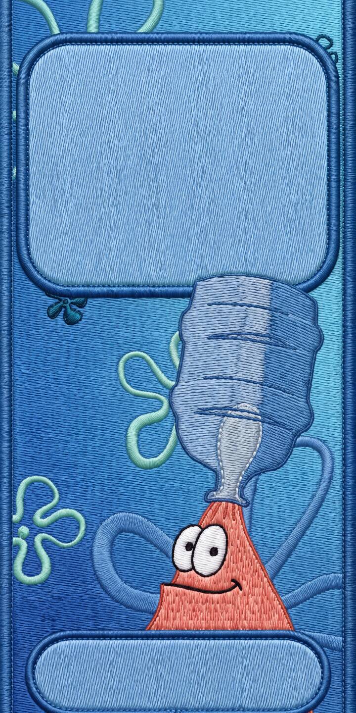 The unique embroidered texture brings Patrick Star to life, joyfully balancing a water cooler bottle upside down on his head in this charming 4K wallpaper. This delightful wallpaper, complete with its blue stitch background, is a perfect find for iPhone users who adore the iconic Spongebob character. | cartoon spongebob cute iphone wallpaper patrick star mobile 4k wallpaper hd wallpaper starfish stitched embroidered The unique embroidered texture brings Patrick Star to life, joyfully balancing a water cooler bottle upside down on his head in this charming 4K wallpaper. This delightful wallpaper, complete with its blue stitch background, is a perfect find for iPhone users who adore the iconic Spongebob character.