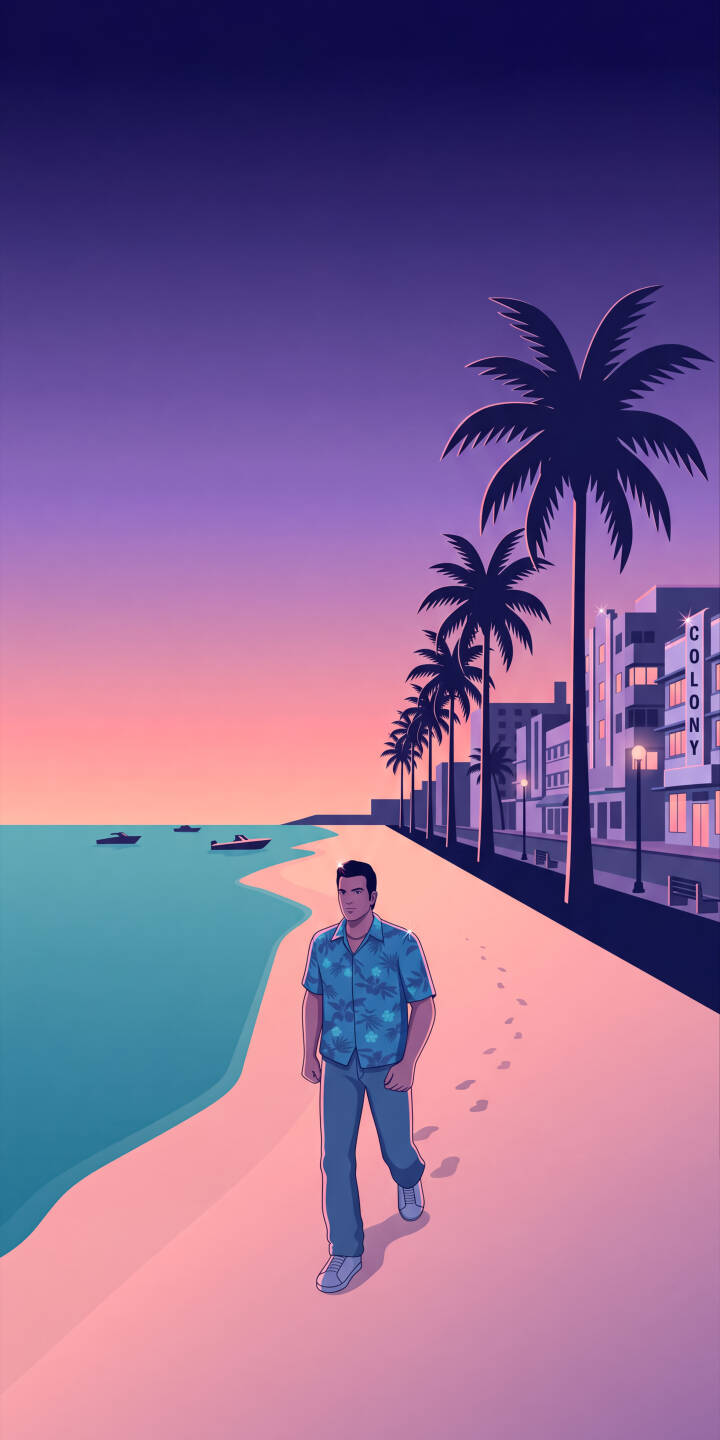 Vibrant purple and orange sunset hues paint the sky above a man in a floral shirt, walking along a retro Art Deco beach in this stunning 4K wallpaper. This evocative Vice City-inspired scene, featuring palm trees and ocean views, makes an ideal 4K mobile wallpaper for your iPhone. | sunset beach iphone retro vice city wallpaper tropical mobile 4k wallpaper hd wallpaper vaporwave art deco Vibrant purple and orange sunset hues paint the sky above a man in a floral shirt, walking along a retro Art Deco beach in this stunning 4K wallpaper. This evocative Vice City-inspired scene, featuring palm trees and ocean views, makes an ideal 4K mobile wallpaper for your iPhone.