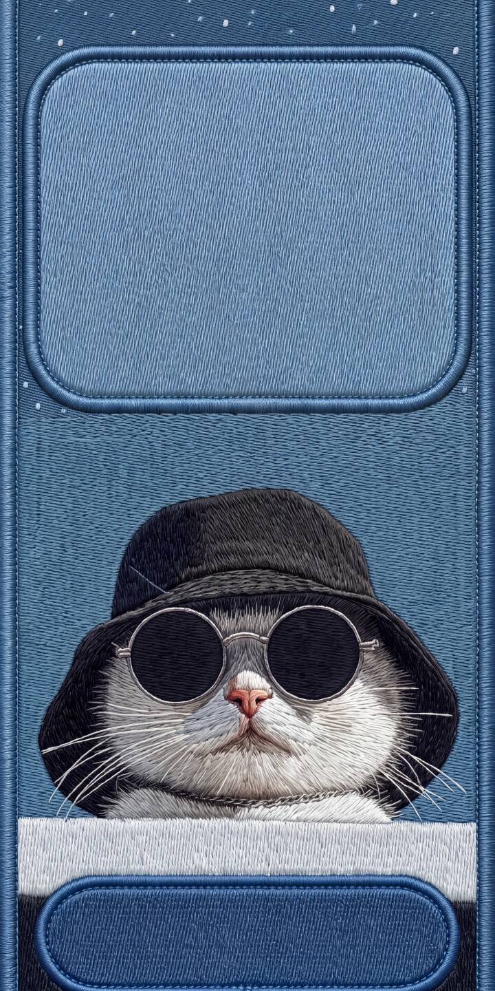 The intricate embroidered texture of a cool cat wearing a black bucket hat and stylish round sunglasses creates a unique 4K wallpaper, perfect as an iPhone wallpaper for animal lovers. | aesthetic blue sunglasses cat iphone wallpaper mobile 4k wallpaper hd wallpaper bucket hat feline embroidery The intricate embroidered texture of a cool cat wearing a black bucket hat and stylish round sunglasses creates a unique 4K wallpaper, perfect as an iPhone wallpaper for animal lovers.
