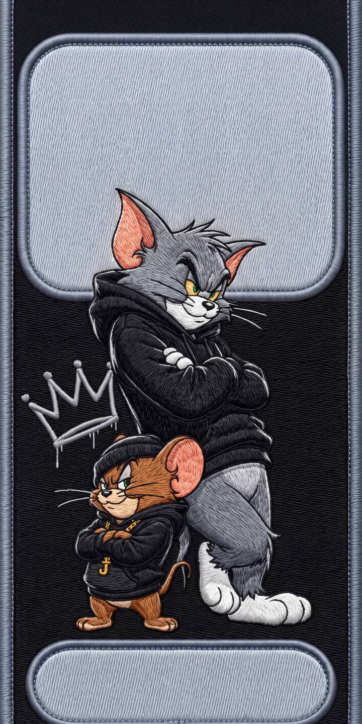 Grumpy Tom, with arms crossed and sharp yellow eyes, leans coolly against a confident Jerry mouse, both sporting stylish black hoodies and a silver graffiti crown detail in this eye-catching 4K wallpaper. This embroidered-style duo makes a unique wallpaper for iPhone users wanting a classic cartoon with an edgy vibe. | cartoon aesthetic hoodie animated iphone tom tom and jerry jerry wallpaper mobile 4k wallpaper hd wallpaper Grumpy Tom, with arms crossed and sharp yellow eyes, leans coolly against a confident Jerry mouse, both sporting stylish black hoodies and a silver graffiti crown detail in this eye-catching 4K wallpaper. This embroidered-style duo makes a unique wallpaper for iPhone users wanting a classic cartoon with an edgy vibe.