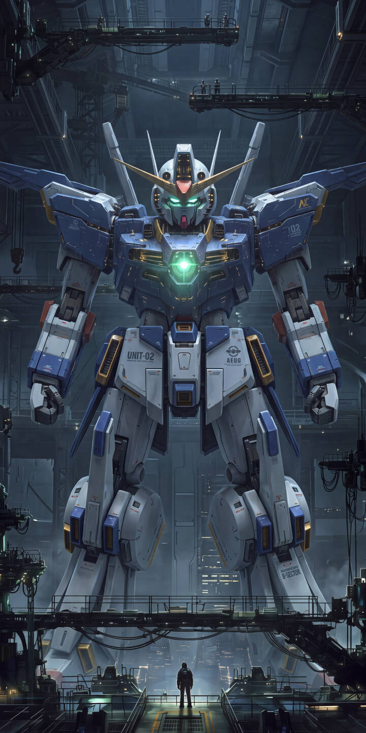 The majestic, blue and white Unit-02 mech dominates a high-tech hangar, its chest core and visor glowing vibrant green, creating an epic 4K wallpaper that evokes immense power. This breathtaking science fiction wallpaper for iPhone captures the colossal scale of the robot with a tiny human figure standing in awe below. | robot iphone wallpaper futuristic mobile gundam 4k wallpaper hd wallpaper sci-fi mech hangar unit-02 The majestic, blue and white Unit-02 mech dominates a high-tech hangar, its chest core and visor glowing vibrant green, creating an epic 4K wallpaper that evokes immense power. This breathtaking science fiction wallpaper for iPhone captures the colossal scale of the robot with a tiny human figure standing in awe below.