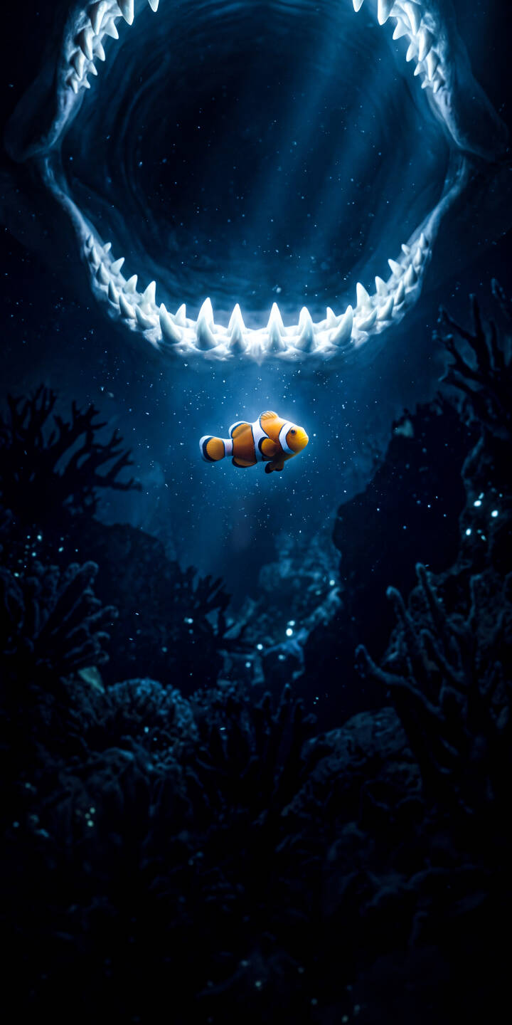 A solitary, vibrant clownfish is dwarfed by a massive, glowing set of predator jaws in this ominous deep-sea 4K wallpaper, featuring shimmering plankton and dark coral — an unmissable wallpaper for iPhone users. | dark underwater iphone wallpaper mobile 4k wallpaper hd wallpaper deep sea marine ominous clownfish shark jaw A solitary, vibrant clownfish is dwarfed by a massive, glowing set of predator jaws in this ominous deep-sea 4K wallpaper, featuring shimmering plankton and dark coral — an unmissable wallpaper for iPhone users.