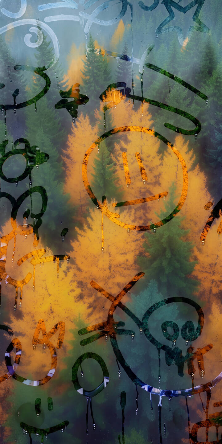 Dripping, colorful graffiti symbols including a central smiley face and a haunting skull overlay a mysterious pine forest, creating a unique urban-nature blend in this vibrant 4K wallpaper. This captivating wallpaper is perfect for personalizing your iPhone. | forest urban street art iphone abstract wallpaper dripping graffiti mobile moody 4k wallpaper hd wallpaper Dripping, colorful graffiti symbols including a central smiley face and a haunting skull overlay a mysterious pine forest, creating a unique urban-nature blend in this vibrant 4K wallpaper. This captivating wallpaper is perfect for personalizing your iPhone.