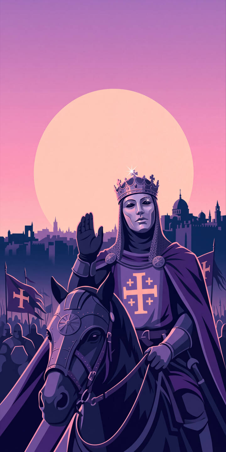 The mysterious masked knight, crowned and clad in a rich purple cape, raises a gloved hand as he rides on horseback against a vibrant sunset in this stunning 4K wallpaper. This regal and stylized medieval wallpaper is perfect for any iPhone. | purple king knight medieval iphone fantasy wallpaper mobile 4k wallpaper hd wallpaper crusader stylized The mysterious masked knight, crowned and clad in a rich purple cape, raises a gloved hand as he rides on horseback against a vibrant sunset in this stunning 4K wallpaper. This regal and stylized medieval wallpaper is perfect for any iPhone.