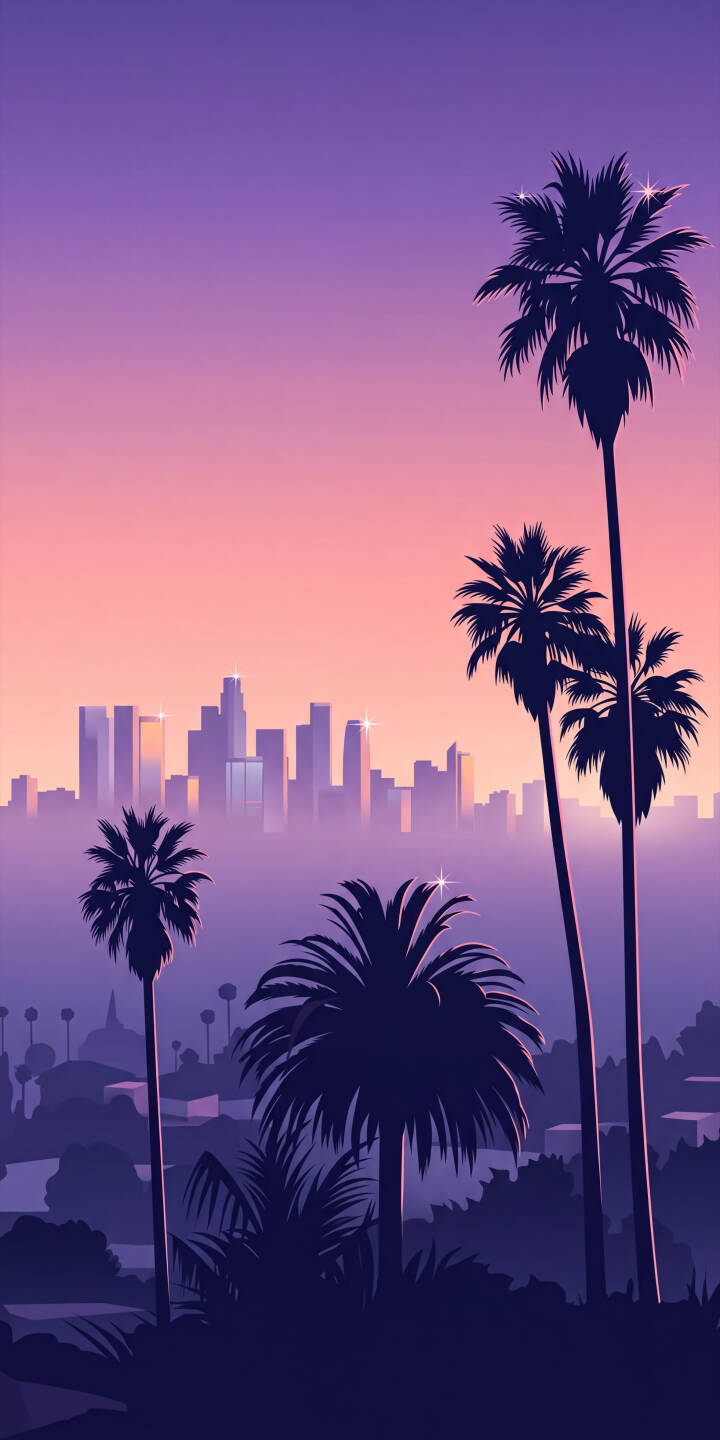 A breathtaking gradient of purple and pink paints the sky, casting a serene glow over the silhouetted palm trees and a distant, misty Los Angeles skyline in this vibrant 4K wallpaper. This stunning vector art piece makes for an aesthetic iPhone wallpaper you'll love. | aesthetic sunset skyline los angeles iphone wallpaper la mobile palm trees 4k wallpaper hd wallpaper vector art A breathtaking gradient of purple and pink paints the sky, casting a serene glow over the silhouetted palm trees and a distant, misty Los Angeles skyline in this vibrant 4K wallpaper. This stunning vector art piece makes for an aesthetic iPhone wallpaper you'll love.