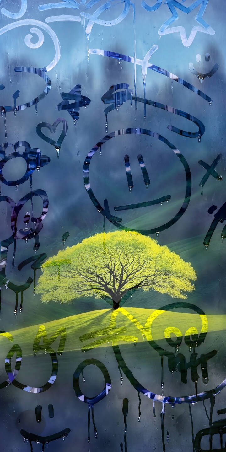 Vibrant lime green leaves burst from the solitary tree set against a dark, moody background, overlaid by intricate graffiti on a steamed glass effect with realistic water droplets in this unique 4K wallpaper — an artistic wallpaper for iPhone. | aesthetic tree iphone nature abstract wallpaper graffiti mobile droplets 4k wallpaper hd wallpaper steamed window Vibrant lime green leaves burst from the solitary tree set against a dark, moody background, overlaid by intricate graffiti on a steamed glass effect with realistic water droplets in this unique 4K wallpaper — an artistic wallpaper for iPhone.