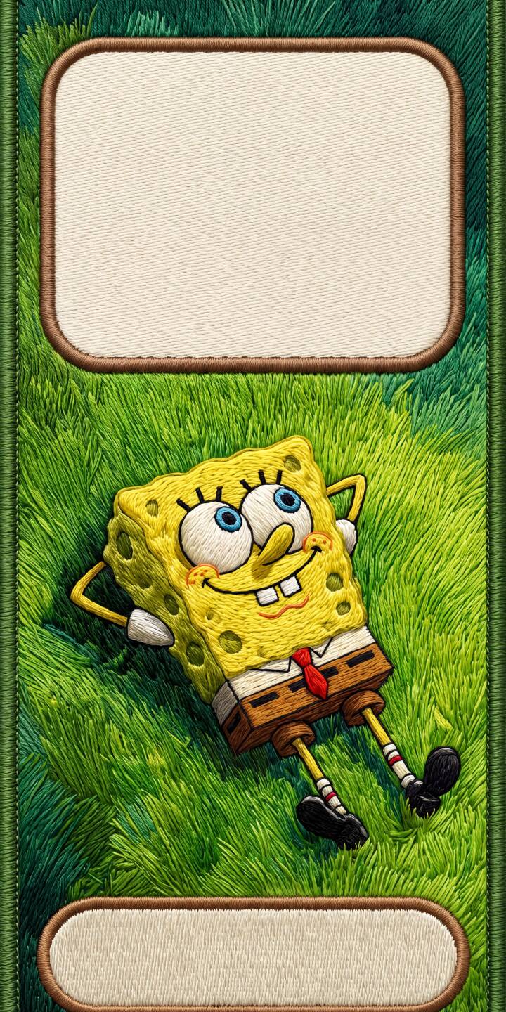 A cheerfully smiling Spongebob lies back on vibrant green, embroidery-style grass in this charming 4K wallpaper. This unique artwork wallpaper, perfect for iPhone, captures a relaxed mood with its playful patchwork texture. | cartoon spongebob grass iphone wallpaper mobile spongebob squarepants 4k wallpaper hd wallpaper cheerful embroidery patchwork A cheerfully smiling Spongebob lies back on vibrant green, embroidery-style grass in this charming 4K wallpaper. This unique artwork wallpaper, perfect for iPhone, captures a relaxed mood with its playful patchwork texture.