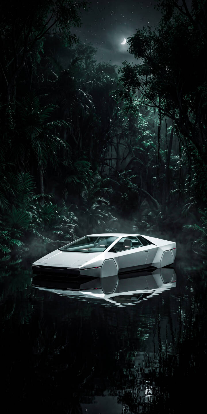 Against a backdrop of glowing emerald foliage under a subtle crescent moon, a sleek futuristic white car gently rests on misty dark water in this breathtaking 4K wallpaper. This captivating concept vehicle scene is an ideal wallpaper for iPhone users. | dark moonlight night iphone jungle wallpaper mobile 4k wallpaper hd wallpaper sci-fi futuristic car cybercar Against a backdrop of glowing emerald foliage under a subtle crescent moon, a sleek futuristic white car gently rests on misty dark water in this breathtaking 4K wallpaper. This captivating concept vehicle scene is an ideal wallpaper for iPhone users.