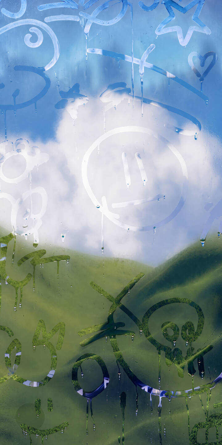Whimsical doodles traced into condensation adorn the glass, with water droplets streaming over a beautiful 4K background of blue sky and green hills — a unique wallpaper for iPhone that adds an artistic touch to your screen. | aesthetic iphone abstract wallpaper mobile 4k wallpaper hd wallpaper water droplets doodles condensation window art foggy glass Whimsical doodles traced into condensation adorn the glass, with water droplets streaming over a beautiful 4K background of blue sky and green hills — a unique wallpaper for iPhone that adds an artistic touch to your screen.