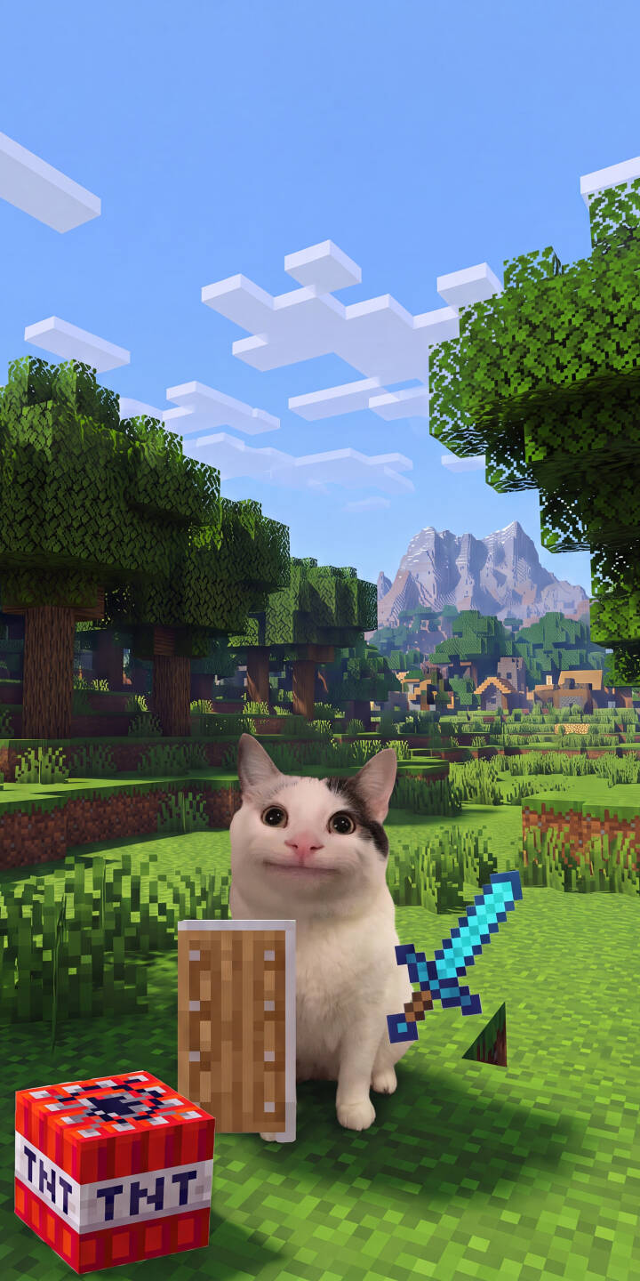 The Beluga cat, with its signature smug smile, stands armed with a shimmering diamond sword and a sturdy wooden shield amidst a vibrant 4K Minecraft landscape in this playful wallpaper. A powerful TNT block adds to the scene, making this a fun and epic wallpaper for your iPhone. | funny minecraft iphone gaming wallpaper mobile pixel art 4k wallpaper hd wallpaper meme cat beluga cat diamond sword The Beluga cat, with its signature smug smile, stands armed with a shimmering diamond sword and a sturdy wooden shield amidst a vibrant 4K Minecraft landscape in this playful wallpaper. A powerful TNT block adds to the scene, making this a fun and epic wallpaper for your iPhone.