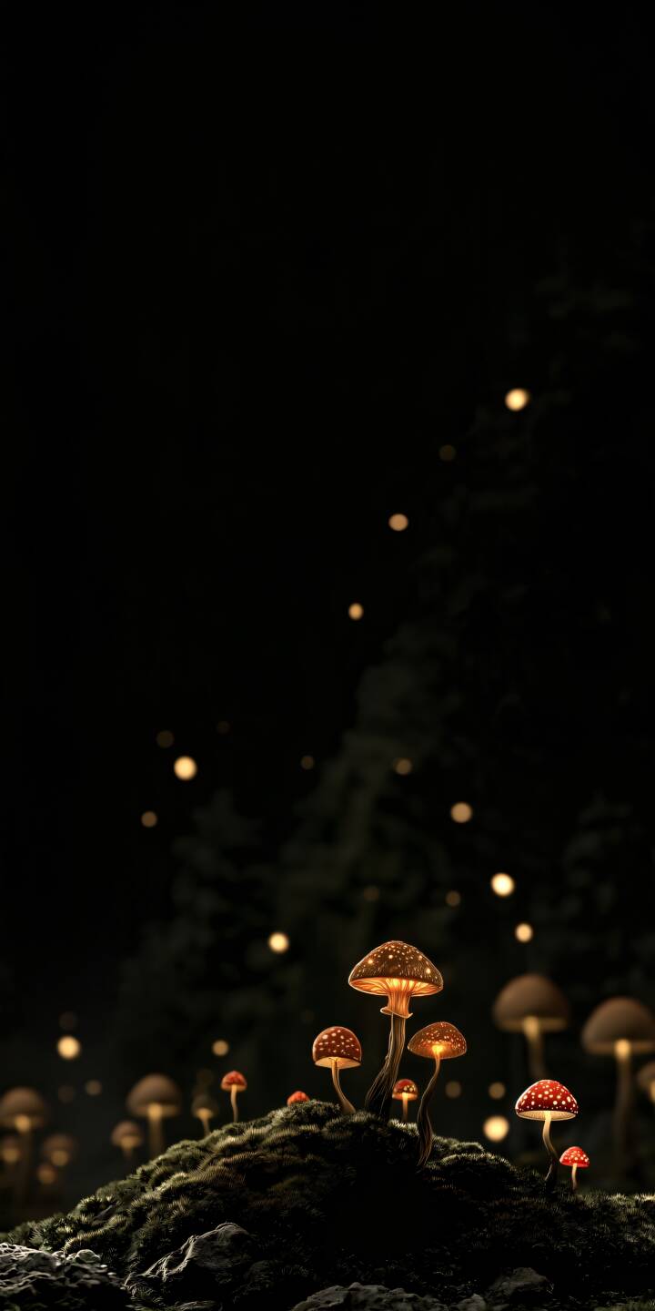Tiny luminous mushrooms growing on a moss-covered forest floor beneath a deep black sky. Warm golden fireflies illuminate this peaceful and magical woodland scene. | moss glowing mushrooms fireflies enchanted forest dark fantasy Tiny luminous mushrooms growing on a moss-covered forest floor beneath a deep black sky. Warm golden fireflies illuminate this peaceful and magical woodland scene.