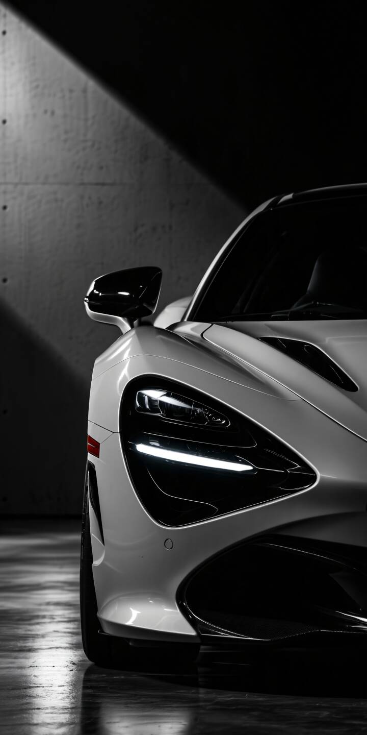 A dramatic close-up of a white supercar emerging from deep shadows inside a minimalist garage. Sharp headlights, sculpted bodywork, and monochrome lighting create a premium automotive aesthetic. | luxury car automotive monochrome white supercar dark garage A dramatic close-up of a white supercar emerging from deep shadows inside a minimalist garage. Sharp headlights, sculpted bodywork, and monochrome lighting create a premium automotive aesthetic.
