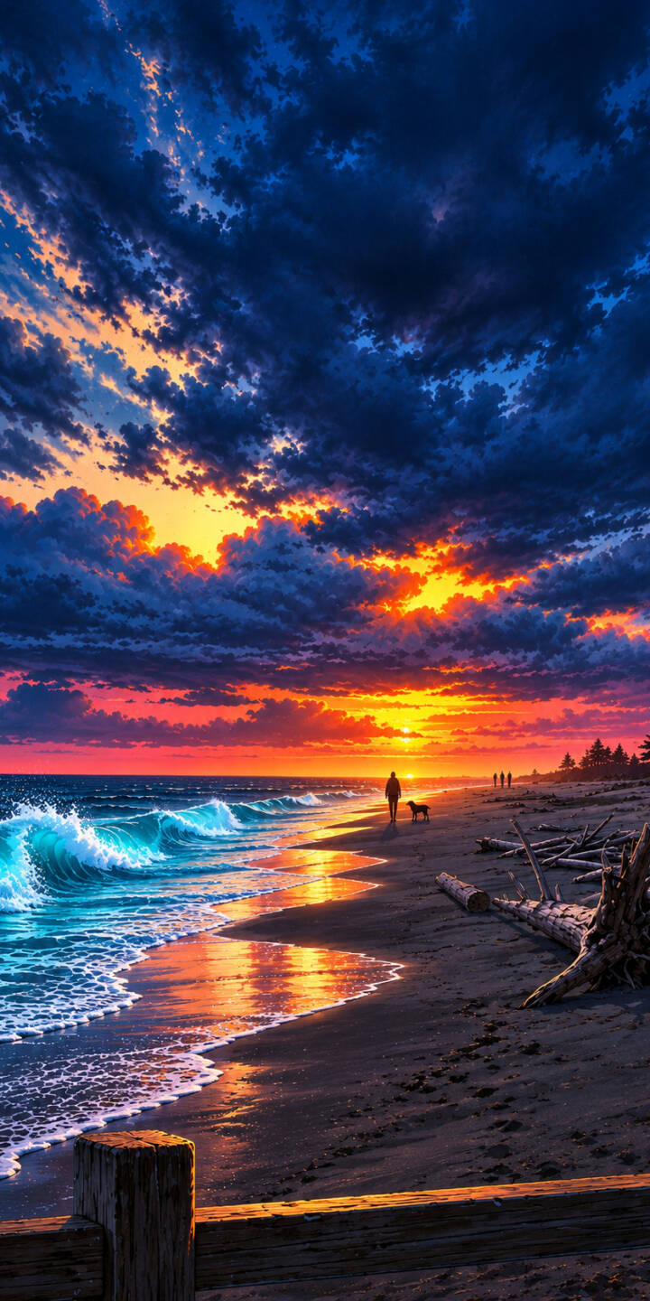 Immerse yourself in the breathtaking beauty of a secluded beach at sunset. Dramatic midnight-blue clouds blend with vibrant shades of orange, pink, and gold, while turquoise waves roll onto the shore. The golden sunlight reflects across the wet sand, illuminating weathered driftwood and a peaceful shoreline where a lone wanderer walks with their dog. This cinematic, anime-inspired landscape captures the magic of nature, the beauty of solitude, and the quiet peace found between the ocean and the sky. Perfect as a 4K-style mobile wallpaper for anyone who loves dreamy coastal scenery and atmospheric sunsets. ✨🌊 | aesthetic nature 4k nature wallpaper beach aesthetic 4k anime wallpaper animated sky Immerse yourself in the breathtaking beauty of a secluded beach at sunset. Dramatic midnight-blue clouds blend with vibrant shades of orange, pink, and gold, while turquoise waves roll onto the shore. The golden sunlight reflects across the wet sand, illuminating weathered driftwood and a peaceful shoreline where a lone wanderer walks with their dog. This cinematic, anime-inspired landscape captures the magic of nature, the beauty of solitude, and the quiet peace found between the ocean and the sky. Perfect as a 4K-style mobile wallpaper for anyone who loves dreamy coastal scenery and atmospheric sunsets. ✨🌊