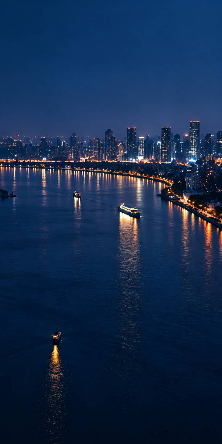 A peaceful coastal city glowing beneath a deep blue evening sky. Golden reflections from waterfront buildings and passing boats shimmer across the calm water, creating an elegant nighttime atmosphere. | blue hour cityscape night city city waterfront ocean lights A peaceful coastal city glowing beneath a deep blue evening sky. Golden reflections from waterfront buildings and passing boats shimmer across the calm water, creating an elegant nighttime atmosphere.