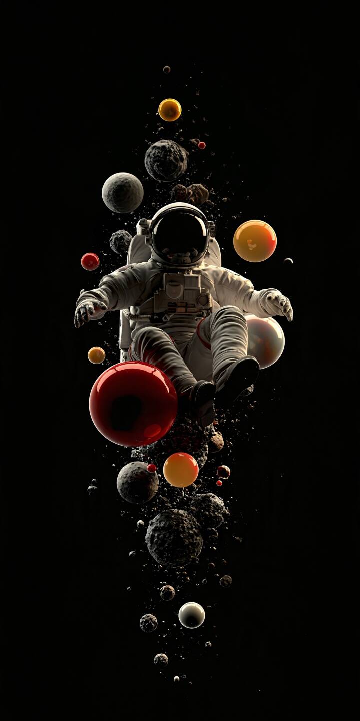 A lone astronaut drifting through darkness, surrounded by colorful floating planets and celestial spheres. A surreal cosmic adventure with a striking minimalist composition. | astronaut universe surreal space exploration floating planets A lone astronaut drifting through darkness, surrounded by colorful floating planets and celestial spheres. A surreal cosmic adventure with a striking minimalist composition.