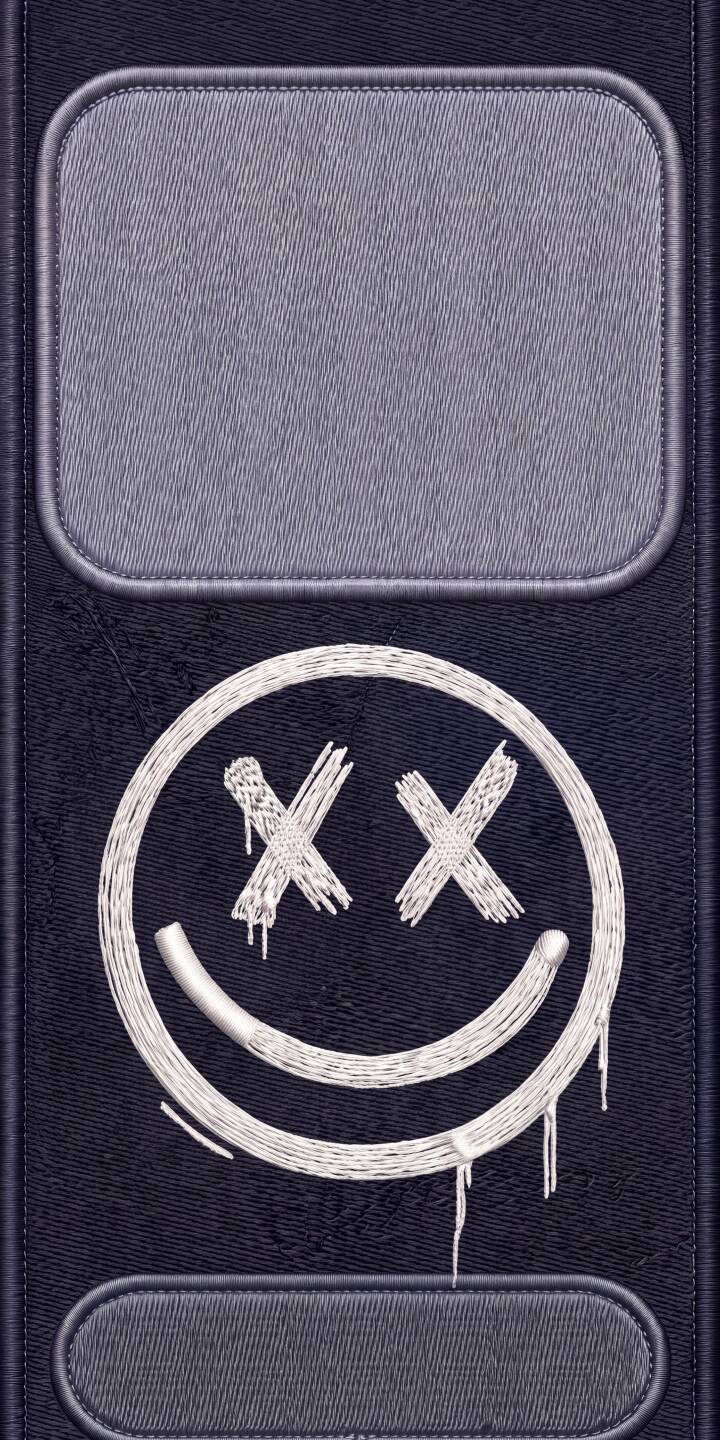 The distressed white embroidered smiley with X eyes and dripping details stands out on a dark blue denim-like background in this striking 4K wallpaper, making it an edgy iPhone wallpaper choice. | urban dark iphone wallpaper smiley graffiti mobile 4k wallpaper hd wallpaper x eyes distressed embroidered The distressed white embroidered smiley with X eyes and dripping details stands out on a dark blue denim-like background in this striking 4K wallpaper, making it an edgy iPhone wallpaper choice.