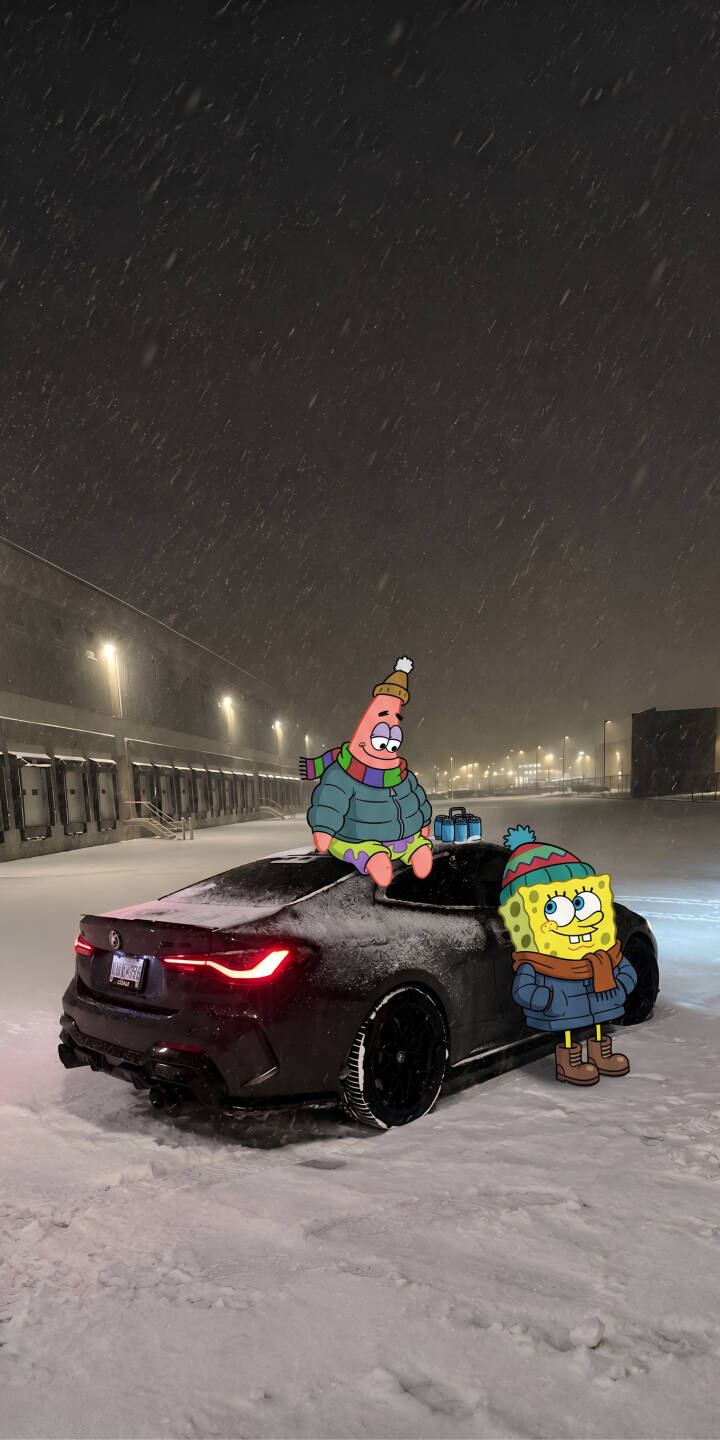 Against a backdrop of softly falling snow, Spongebob and Patrick are bundled in their cozy winter gear, cheerfully gathered around a sleek black BMW in this charming 4K wallpaper. This delightful wallpaper is perfect for personalizing your iPhone. | spongebob car snow winter patrick iphone wallpaper patrick star mobile spongebob squarepants 4k wallpaper hd wallpaper Against a backdrop of softly falling snow, Spongebob and Patrick are bundled in their cozy winter gear, cheerfully gathered around a sleek black BMW in this charming 4K wallpaper. This delightful wallpaper is perfect for personalizing your iPhone.