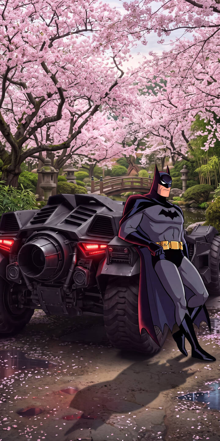 Pink cherry blossoms gracefully frame Batman as he leans against his powerful Batmobile in this serene 4K wallpaper, set against a stunning Japanese garden background. This gorgeous wallpaper is perfect for your iPhone. | cherry blossom superhero batman iphone wallpaper dark knight mobile 4k wallpaper hd wallpaper batmobile japanese garden Pink cherry blossoms gracefully frame Batman as he leans against his powerful Batmobile in this serene 4K wallpaper, set against a stunning Japanese garden background. This gorgeous wallpaper is perfect for your iPhone.