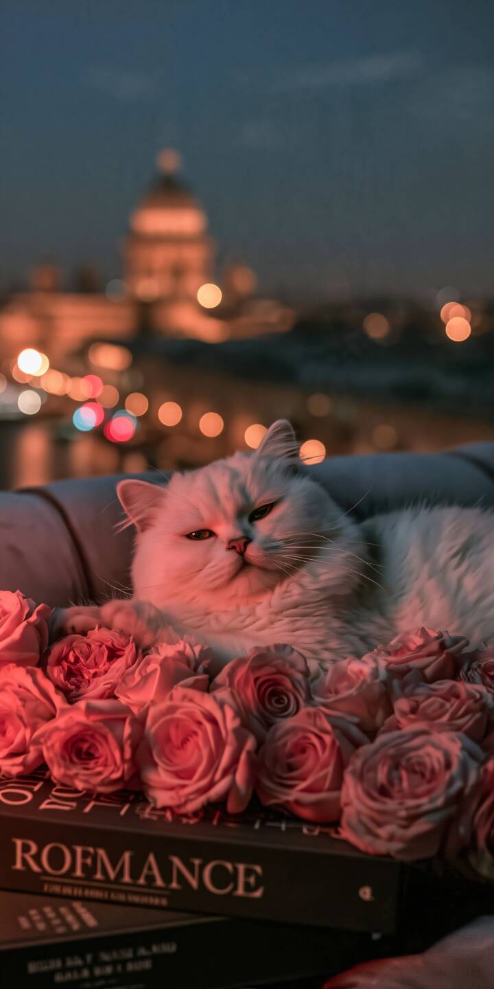 A fluffy white cat resting among soft pink roses, surrounded by dreamy city lights and a warm romantic glow. A cozy and elegant wallpaper filled with tenderness. | aesthetic romantic white cat pink roses fluffy cat A fluffy white cat resting among soft pink roses, surrounded by dreamy city lights and a warm romantic glow. A cozy and elegant wallpaper filled with tenderness.