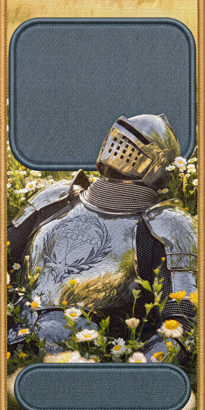 Reflecting the warm sunlight, a majestic suit of silver knight armor with an intricate engraved crest lies peacefully amidst a vibrant field of white and yellow daisies in this stunning 4K wallpaper. This serene wallpaper makes a unique backdrop for your iPhone. | armor knight medieval iphone fantasy wallpaper mobile 4k wallpaper hd wallpaper meadow daisies serene Reflecting the warm sunlight, a majestic suit of silver knight armor with an intricate engraved crest lies peacefully amidst a vibrant field of white and yellow daisies in this stunning 4K wallpaper. This serene wallpaper makes a unique backdrop for your iPhone.