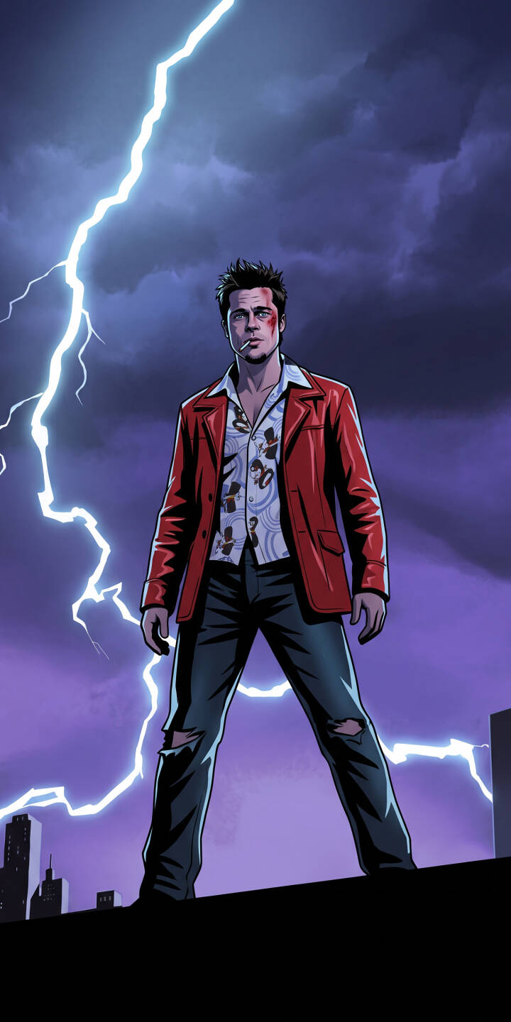 Vivid lightning electrifies the stormy purple sky behind Tyler Durden, standing bruised in his iconic red jacket. This striking 4K wallpaper for iPhone captures the rebellious spirit, making it an essential wallpaper for any Fight Club fan. | lightning iphone fight club wallpaper tyler durden brad pitt red jacket mobile comic art 4k wallpaper hd wallpaper rebellious Vivid lightning electrifies the stormy purple sky behind Tyler Durden, standing bruised in his iconic red jacket. This striking 4K wallpaper for iPhone captures the rebellious spirit, making it an essential wallpaper for any Fight Club fan.