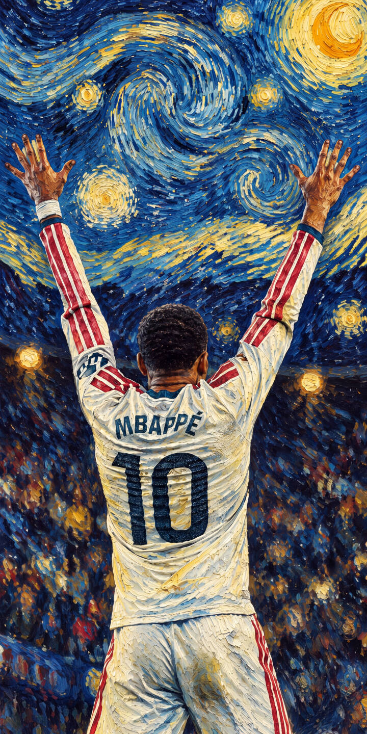 Swirling celestial blues and vibrant yellow stars form a stunning Van Gogh-inspired backdrop as Kylian Mbappe, wearing his iconic number 10 jersey, raises his arms in triumph in this incredible 4K wallpaper. This painterly celebration scene makes an unforgettable wallpaper for your iPhone. | football iphone mbappe soccer van gogh wallpaper starry night mobile 4k wallpaper hd wallpaper impressionism kylian mbappe Swirling celestial blues and vibrant yellow stars form a stunning Van Gogh-inspired backdrop as Kylian Mbappe, wearing his iconic number 10 jersey, raises his arms in triumph in this incredible 4K wallpaper. This painterly celebration scene makes an unforgettable wallpaper for your iPhone.