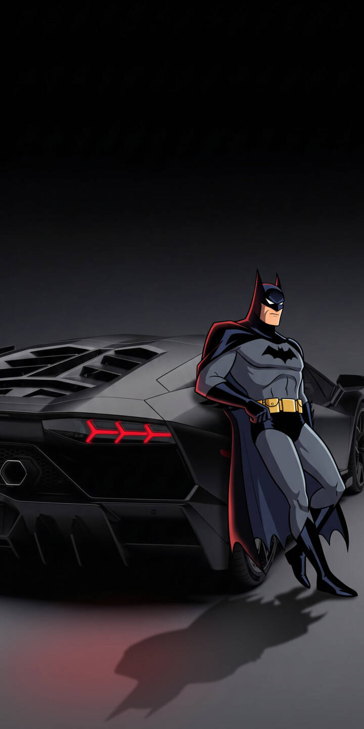 Batman, in his iconic animated style, leans confidently against a sleek black sports car with glowing red taillights in this striking 4K wallpaper — a perfect dark and luxurious wallpaper for iPhone, showcasing the Caped Crusader's cool demeanor. | superhero batman animated iphone lamborghini wallpaper dark knight mobile 4k wallpaper hd wallpaper bruce wayne dark aesthetic Batman, in his iconic animated style, leans confidently against a sleek black sports car with glowing red taillights in this striking 4K wallpaper — a perfect dark and luxurious wallpaper for iPhone, showcasing the Caped Crusader's cool demeanor.