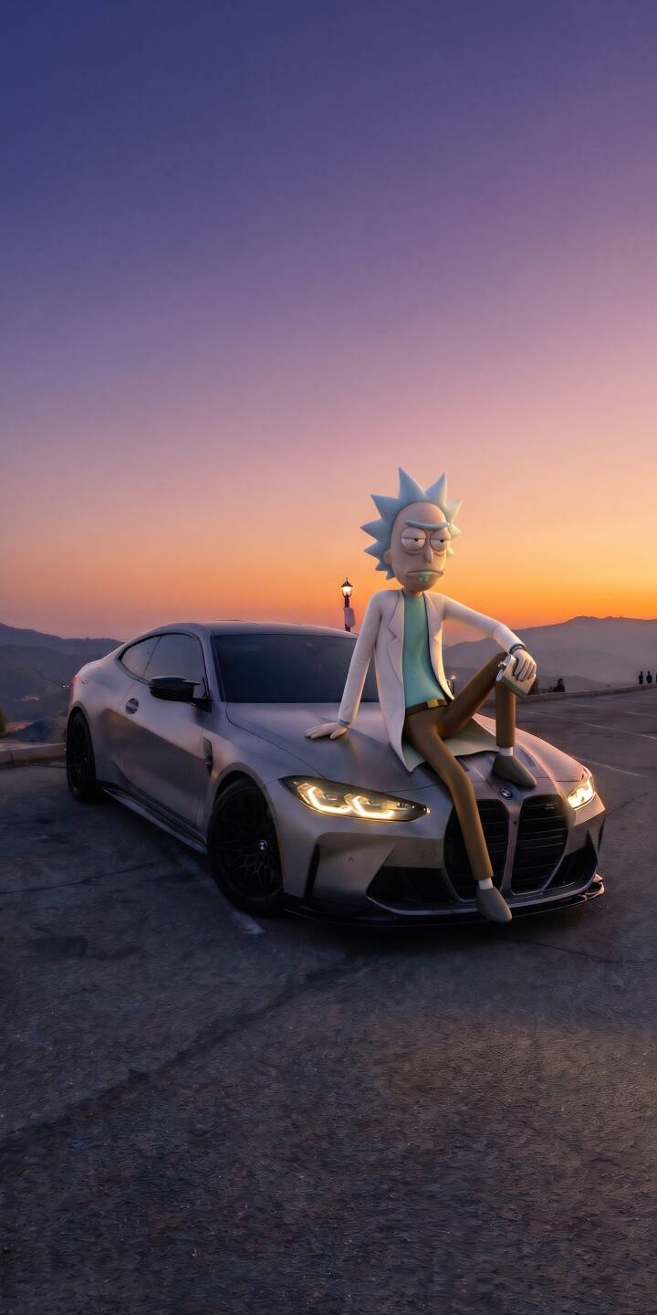Rick Sanchez, with his signature cynical gaze, casually lounges on a sleek silver sports car as a vibrant purple and orange sunset bathes the background in this stunning 4K wallpaper — a perfect mobile wallpaper for your iPhone. | aesthetic sunset sports car iphone rick bmw wallpaper rick and morty rick sanchez mobile 4k wallpaper hd wallpaper Rick Sanchez, with his signature cynical gaze, casually lounges on a sleek silver sports car as a vibrant purple and orange sunset bathes the background in this stunning 4K wallpaper — a perfect mobile wallpaper for your iPhone.