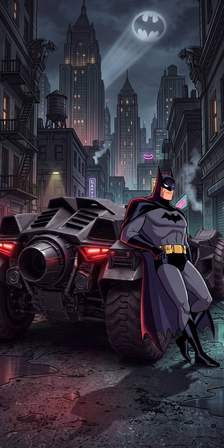The iconic Bat-signal cuts through the dark Gotham City sky while Batman coolly leans against his sleek Batmobile in this intense 4K wallpaper. This dynamic wallpaper is perfect for any iPhone, capturing the protector of Gotham in exquisite detail. | superhero batman gotham iphone wallpaper dark knight mobile 4k wallpaper hd wallpaper batmobile dc comics night city The iconic Bat-signal cuts through the dark Gotham City sky while Batman coolly leans against his sleek Batmobile in this intense 4K wallpaper. This dynamic wallpaper is perfect for any iPhone, capturing the protector of Gotham in exquisite detail.