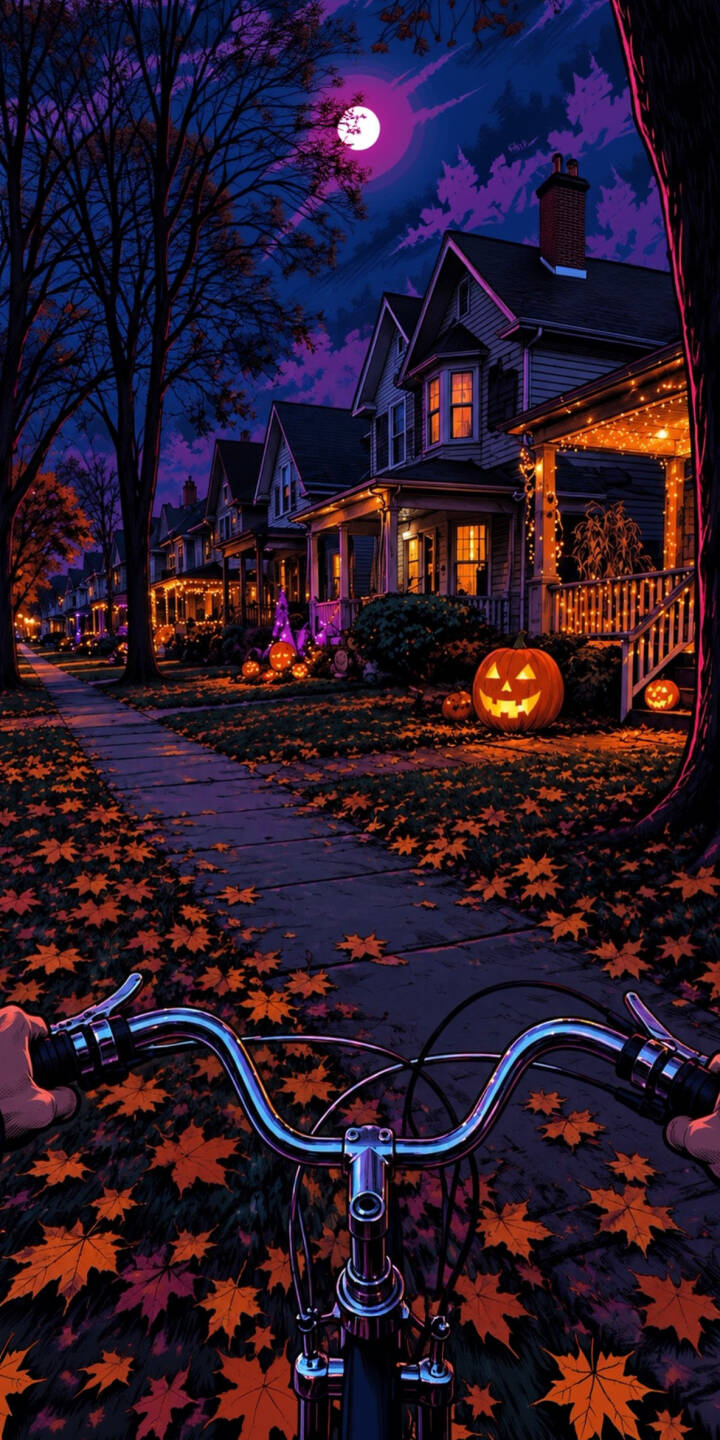 A path carpeted with vibrant orange and red autumn leaves leads past charming houses adorned with glowing jack-o'-lanterns and string lights, all beneath an eerie purple moon in this captivating 4K wallpaper for iPhone. This immersive view from a bicycle handlebar makes for a uniquely seasonal lock screen wallpaper. | aesthetic night bicycle halloween iphone autumn spooky wallpaper mobile 4k wallpaper hd wallpaper jack-o-lantern A path carpeted with vibrant orange and red autumn leaves leads past charming houses adorned with glowing jack-o'-lanterns and string lights, all beneath an eerie purple moon in this captivating 4K wallpaper for iPhone. This immersive view from a bicycle handlebar makes for a uniquely seasonal lock screen wallpaper.