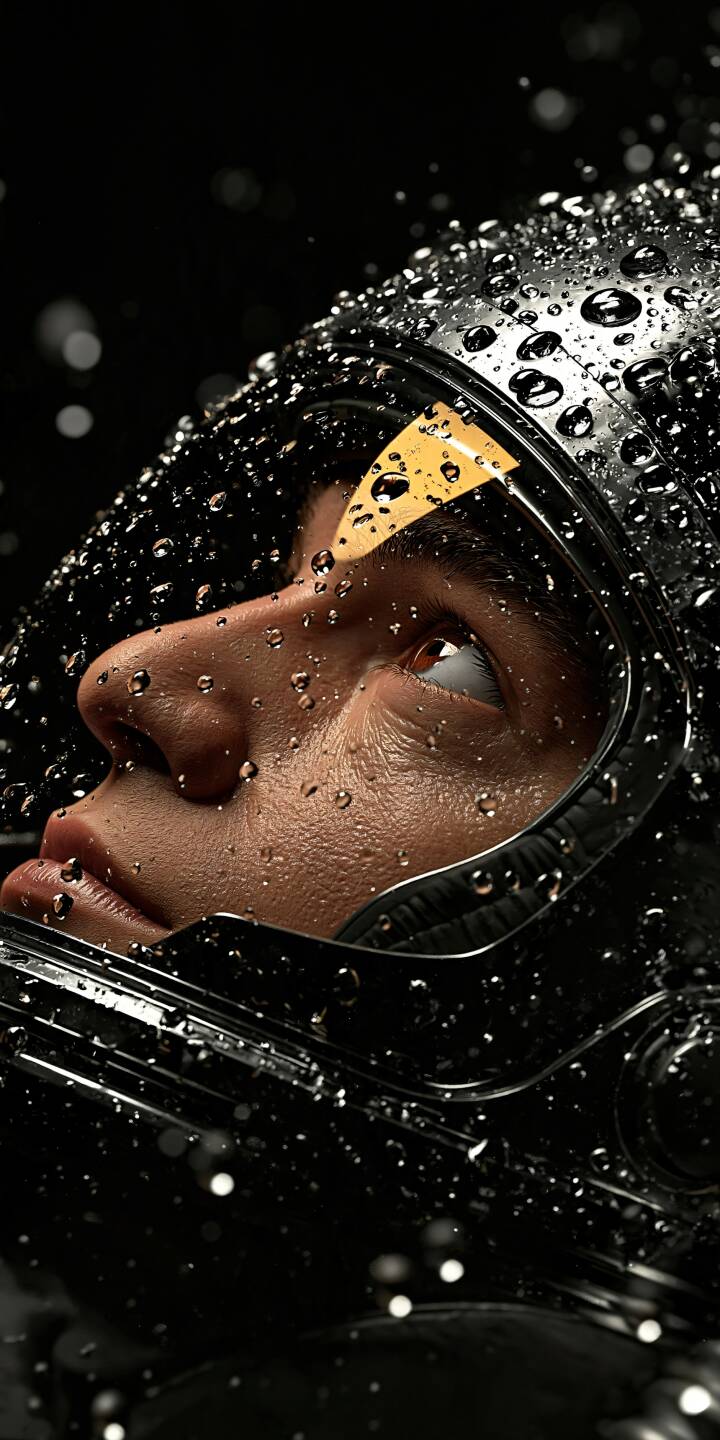 A cinematic close-up of an astronaut wearing a glossy black space helmet covered in tiny water droplets. Dramatic lighting reveals a thoughtful expression against the darkness. | sci fi dark space cinematic space helmet astronaut portrait A cinematic close-up of an astronaut wearing a glossy black space helmet covered in tiny water droplets. Dramatic lighting reveals a thoughtful expression against the darkness.