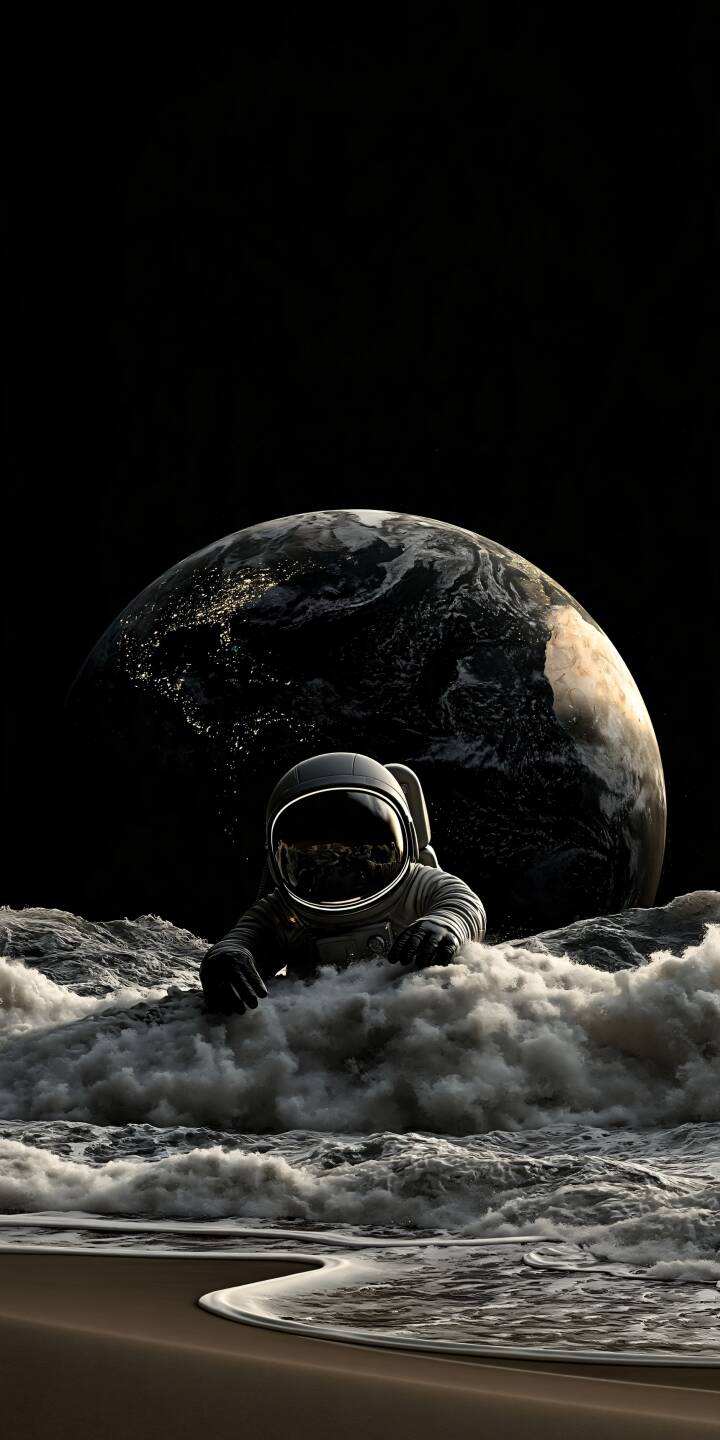 A solitary astronaut emerging from a rugged lunar landscape while a magnificent Earth rises in the darkness behind. A cinematic space scene capturing the wonder, isolation, and mystery of exploration. | astronaut planet earth space exploration lunar landscape dark universe A solitary astronaut emerging from a rugged lunar landscape while a magnificent Earth rises in the darkness behind. A cinematic space scene capturing the wonder, isolation, and mystery of exploration.