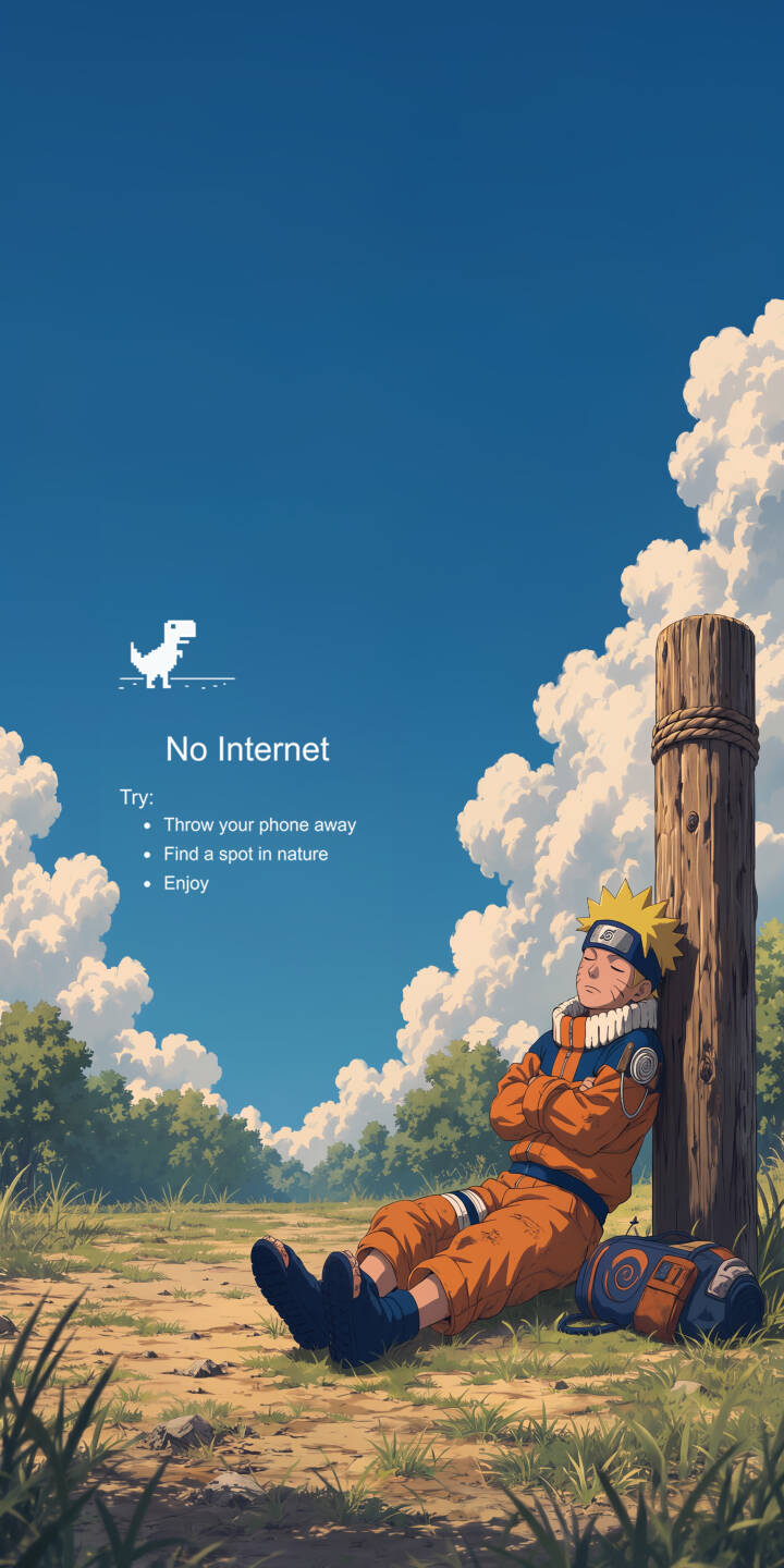 Naruto Uzumaki slumbers peacefully against a sturdy wooden post under a wide blue sky in this whimsical 4K wallpaper, featuring a clever 'No Internet' overlay with the iconic dino game urging you to enjoy nature. This charming wallpaper is a perfect serene backdrop for your iPhone, showcasing Naruto in a rare moment of tranquil repose. | anime naruto iphone wallpaper relaxing mobile naruto uzumaki no internet peaceful 4k wallpaper hd wallpaper dino game Naruto Uzumaki slumbers peacefully against a sturdy wooden post under a wide blue sky in this whimsical 4K wallpaper, featuring a clever 'No Internet' overlay with the iconic dino game urging you to enjoy nature. This charming wallpaper is a perfect serene backdrop for your iPhone, showcasing Naruto in a rare moment of tranquil repose.