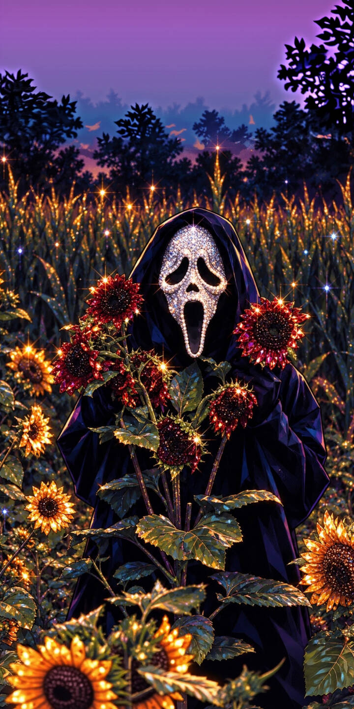 The diamond-studded Ghostface mask gleams ominously as the iconic horror figure stands amidst a field of glowing sunflowers, clutching a bouquet of dark, sparkling blooms in this chilling 4K wallpaper. This macabre yet glamorous scene makes a unique wallpaper for iPhone, perfect for fans of the 'Scream' series. | aesthetic dark iphone wallpaper horror scream mobile ghostface sunflowers 4k wallpaper hd wallpaper glitter The diamond-studded Ghostface mask gleams ominously as the iconic horror figure stands amidst a field of glowing sunflowers, clutching a bouquet of dark, sparkling blooms in this chilling 4K wallpaper. This macabre yet glamorous scene makes a unique wallpaper for iPhone, perfect for fans of the 'Scream' series.