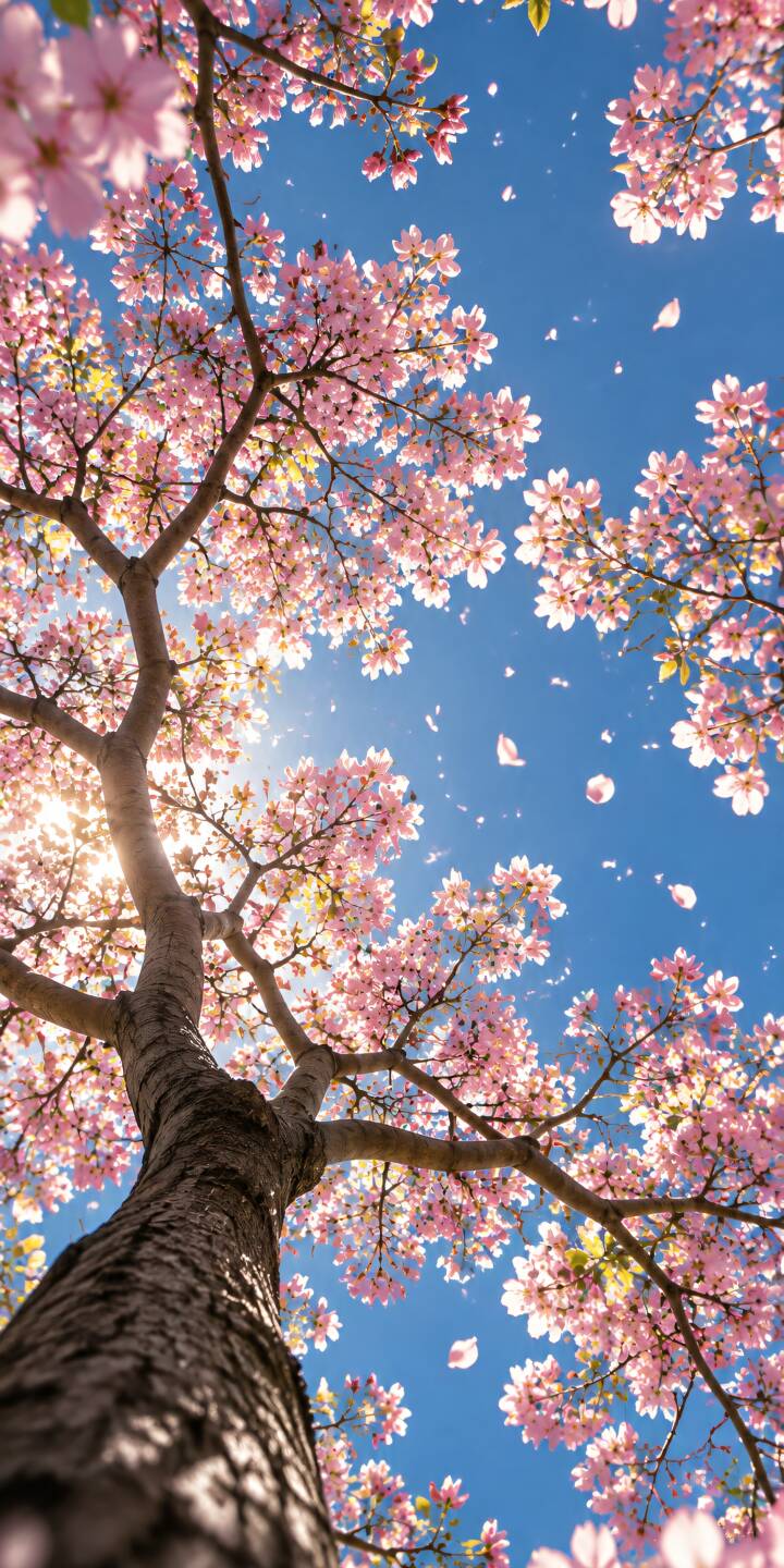 Beautiful pink cherry blossoms blooming against a brilliant blue spring sky. Soft sunlight filters through the branches as delicate petals drift through the air, capturing the freshness of spring. | nature sakura pink flowers cherry blossoms spring sky Beautiful pink cherry blossoms blooming against a brilliant blue spring sky. Soft sunlight filters through the branches as delicate petals drift through the air, capturing the freshness of spring.