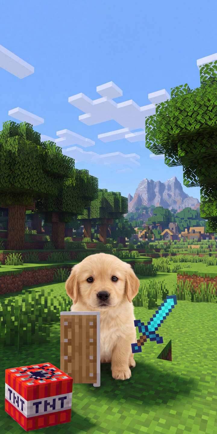 A fluffy Golden Retriever puppy stands innocently in a pixelated Minecraft landscape, clutching a blocky shield next to a TNT block and a diamond sword in this charming 4K wallpaper. This delightful scene creates a perfect iPhone wallpaper for fans of both cute dogs and the iconic game. | dog minecraft cute iphone gaming wallpaper puppy mobile pixel art 4k wallpaper hd wallpaper golden retriever A fluffy Golden Retriever puppy stands innocently in a pixelated Minecraft landscape, clutching a blocky shield next to a TNT block and a diamond sword in this charming 4K wallpaper. This delightful scene creates a perfect iPhone wallpaper for fans of both cute dogs and the iconic game.