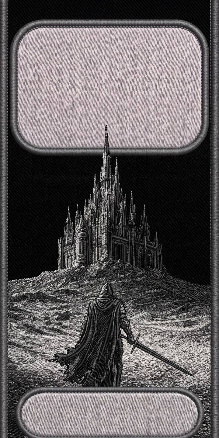 A solitary hooded figure, gripping a long sword, casts an imposing shadow as they approach a colossal, spiky gothic castle in this intricate black and white 4K wallpaper — an epic fantasy wallpaper perfect for iPhone. | gothic castle knight iphone wallpaper black and white mobile 4k wallpaper hd wallpaper wanderer dark fantasy intricate A solitary hooded figure, gripping a long sword, casts an imposing shadow as they approach a colossal, spiky gothic castle in this intricate black and white 4K wallpaper — an epic fantasy wallpaper perfect for iPhone.