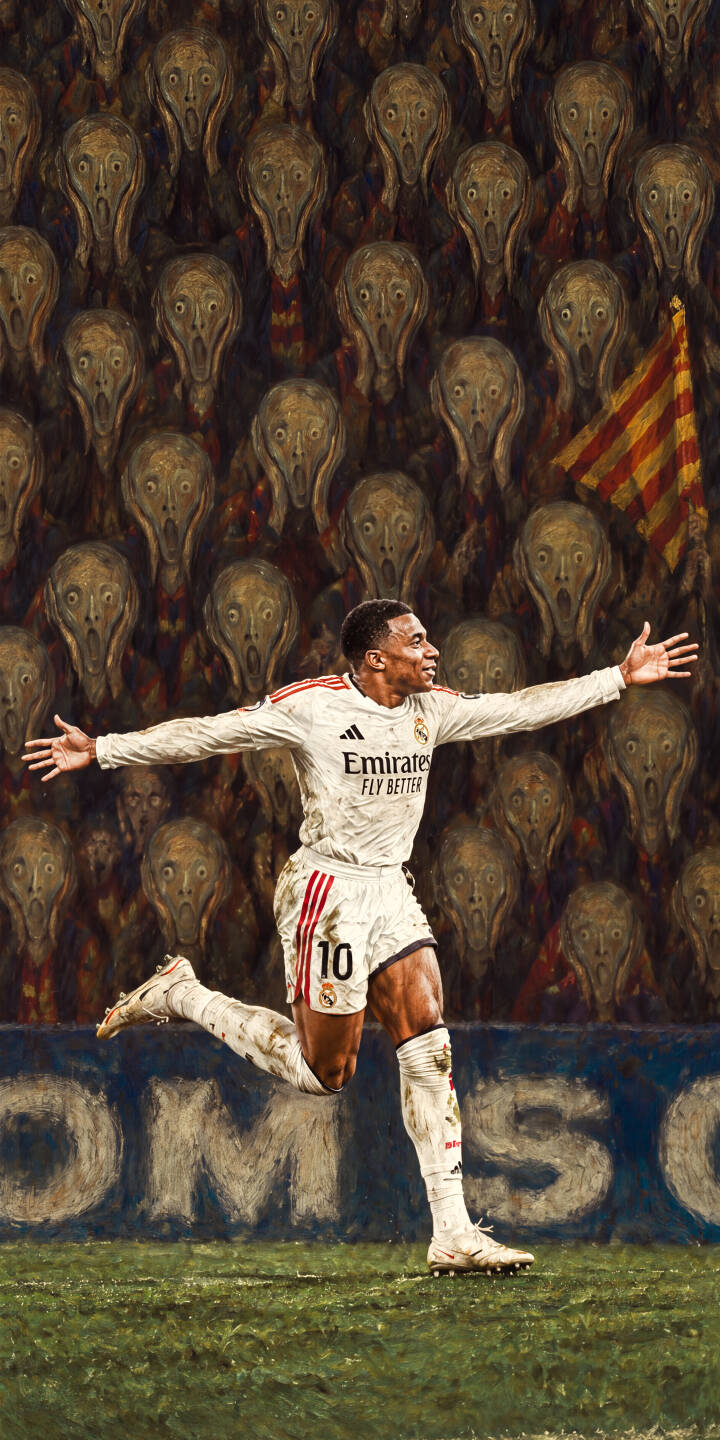 Anguished, Edvard Munch-inspired faces form a surreal stadium crowd as Rodrygo celebrates a goal, arms wide open, in this unique 4K football wallpaper for iPhone. It's an artistic fusion, perfect as a distinctive mobile wallpaper. | football celebration iphone real madrid wallpaper rodrygo sport mobile 4k wallpaper hd wallpaper surreal art the scream Anguished, Edvard Munch-inspired faces form a surreal stadium crowd as Rodrygo celebrates a goal, arms wide open, in this unique 4K football wallpaper for iPhone. It's an artistic fusion, perfect as a distinctive mobile wallpaper.