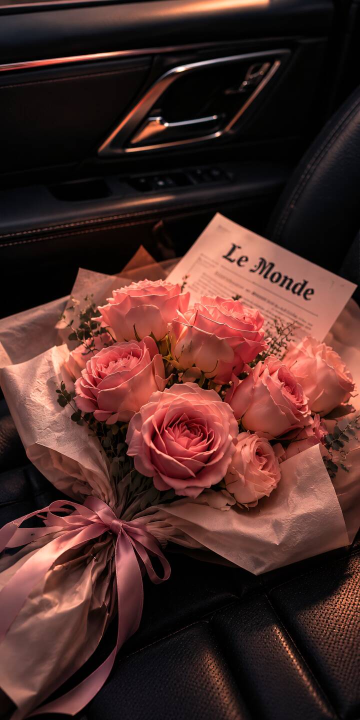A romantic bouquet of soft pink roses resting on a dark leather car seat. Warm sunset light, delicate wrapping paper, and a satin ribbon create an intimate and luxurious floral atmosphere. | luxury pink roses sunset light flower bouquet romantic flowers A romantic bouquet of soft pink roses resting on a dark leather car seat. Warm sunset light, delicate wrapping paper, and a satin ribbon create an intimate and luxurious floral atmosphere.